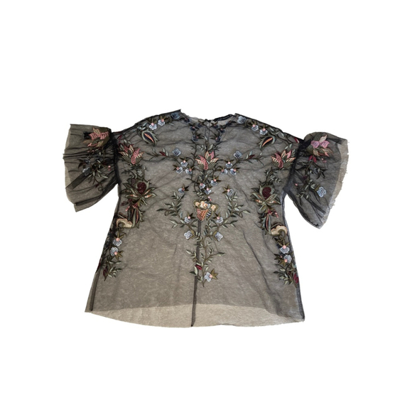Zara Sheer Mesh Floral Blouse Women XS 0/2 - Picture 2 of 8